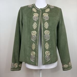 Womens Green Jacket Small Embroidered Soft Layering Open Front Boho Hippie Funky